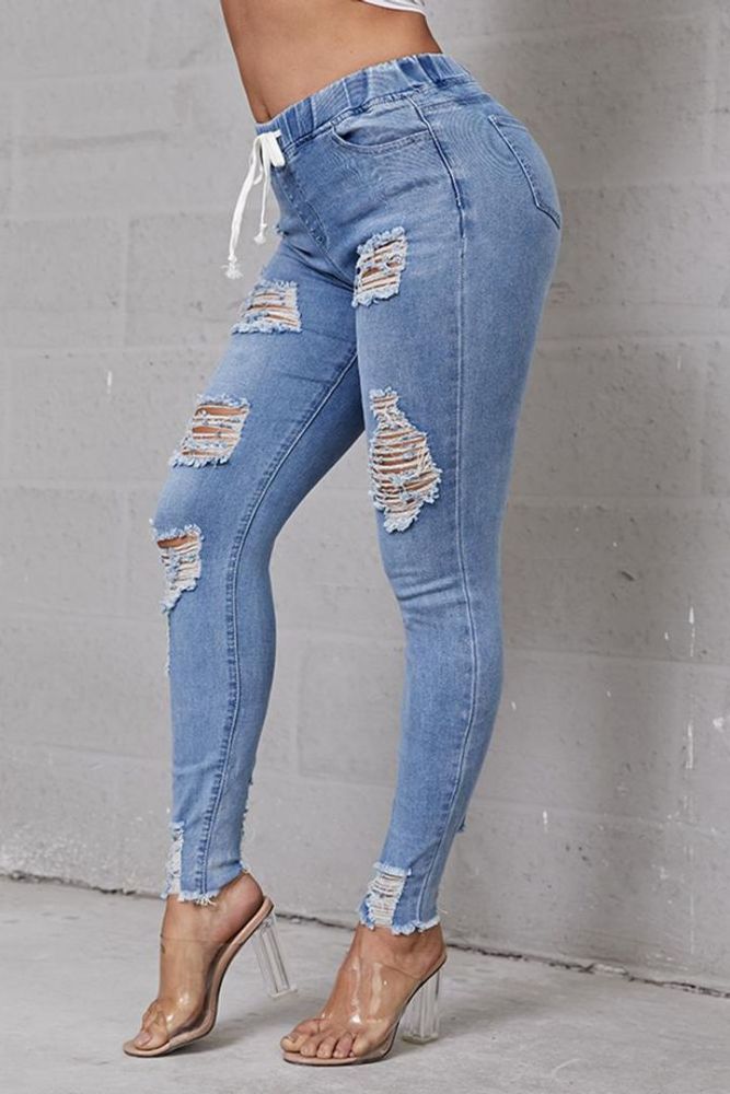 Extreme Distressed Drawstring Waist Jeans