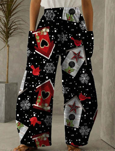 Christmas Black House Print Casual Pants