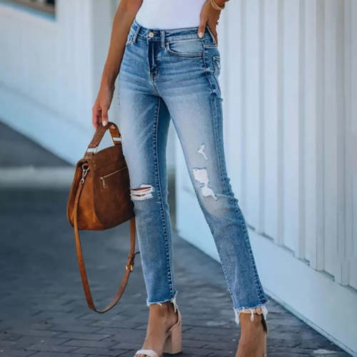 Slim Fit Fringed Stretch Ripped Jeans