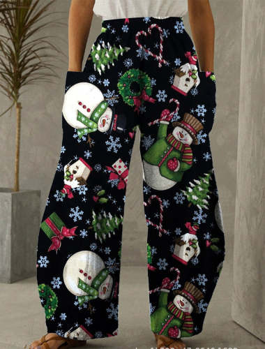 Christmas Snowman Print Casual Pants