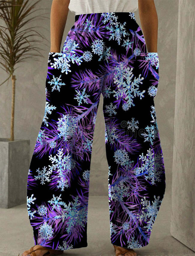 Christmas Purple Snowflake Print Casual Pants