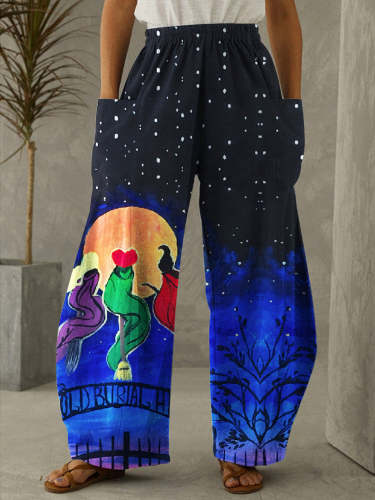 Halloween Starry Night Witch Print Vintage Pants
