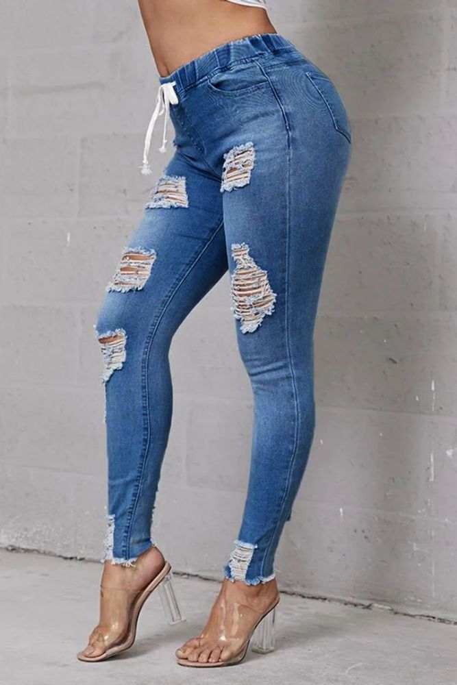 Extreme Distressed Drawstring Waist Jeans