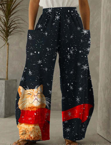 Christmas Cat Print Casual Pants
