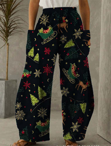 Christmas Green Tree Print Casual Pants