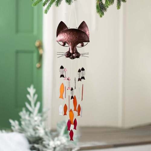 🐱Handcrafted Metal Cat and Recycled Glass Fish Wind Chime🎏