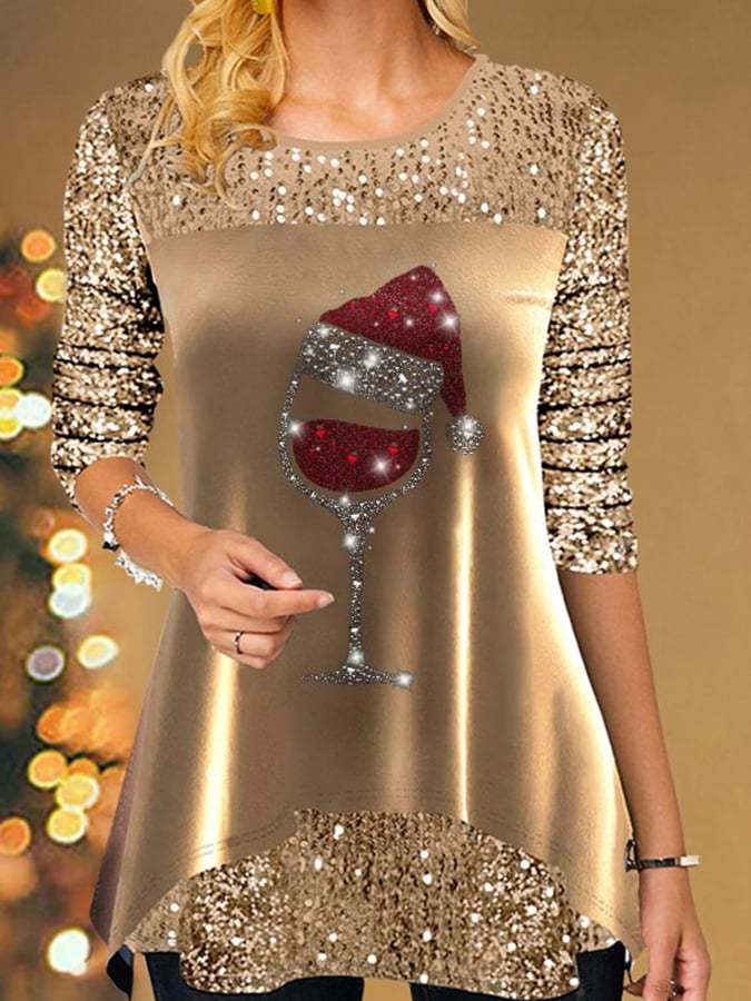 Fashionable Wine Glass Sequin Print Long Sleeve Top