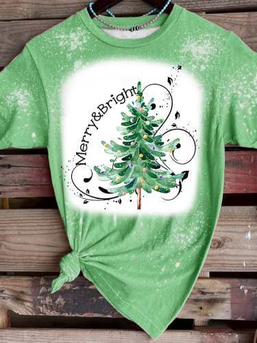 Women's Merry And Bright Christmas Tree🎄 Bleached Print Tee