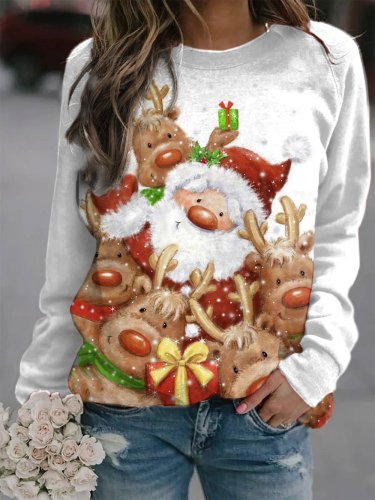 Women's Santa With Reindeer Casual Loosen Sweatshirts