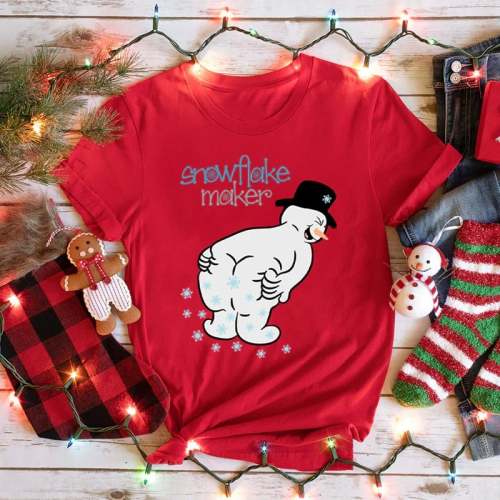 Women's Snowflake Maker Christmas Snowman Print Crew Neck T-Shirt