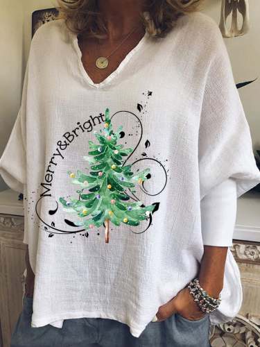 Women's Merry And Bright Christmas Tree🎄 Print Casual Long Sleeve Shirt