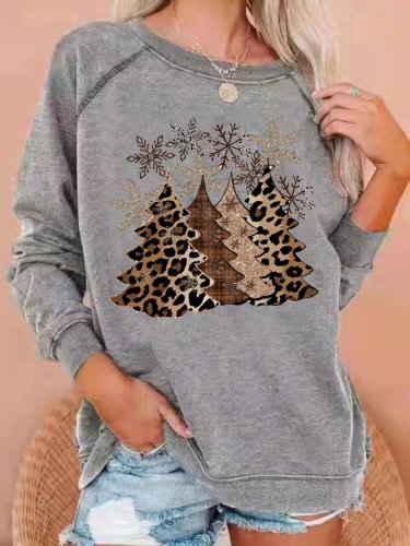 Women's Leopard Christmas Tree Print Casual Crewneck Sweatshirt