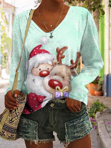 Women's Santa With Reindeer Long Sleeves V-Neck T-Shirt