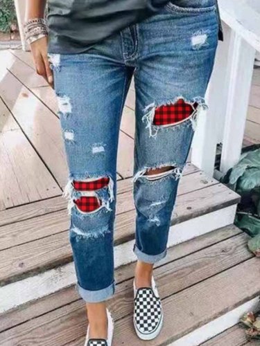 Women's Ripped Plaid Panel Jeans