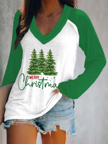 Women's Merry  Christmas Print V-Neck Casual T-Shirt