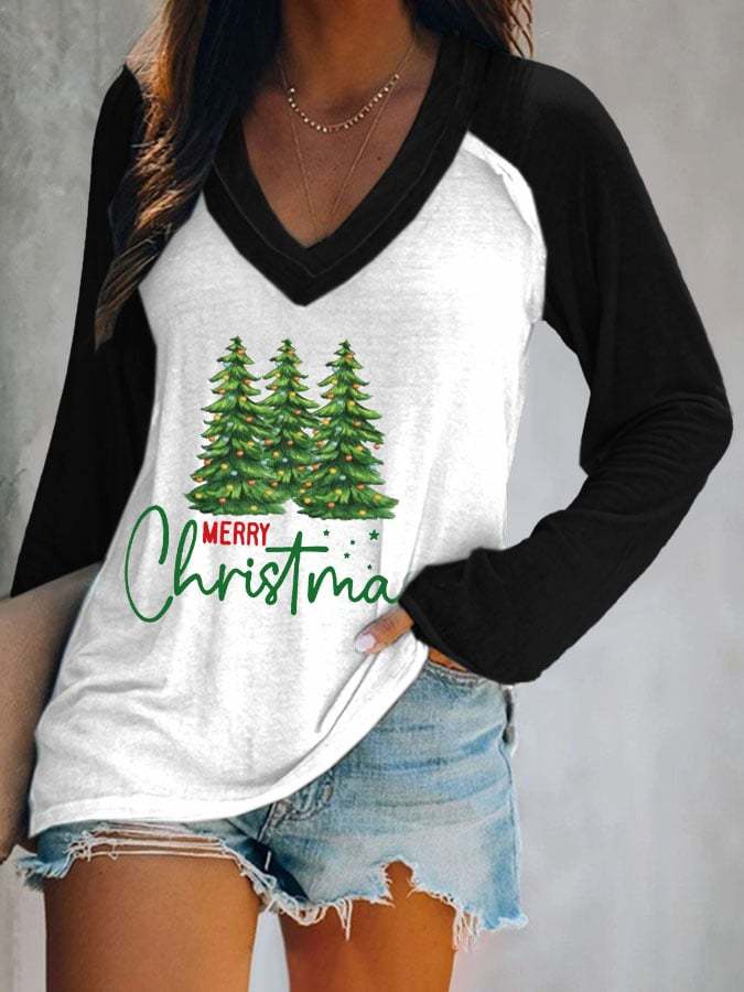 Women's Merry  Christmas Print V-Neck Casual T-Shirt