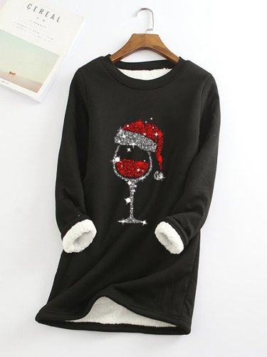 Women's Christmas red wine glass fleece slim fit warm mid-length top