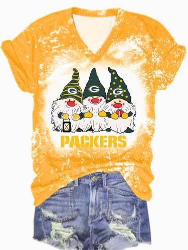 Women's Christmas  Green Bay Packers Football Santa Combination Print V-Neck T-Shirt