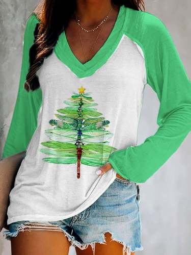 Women's Dragonfly Christmas Tree Print V-Neck T-Shirt