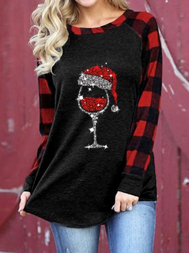 Women's Christmas Wine Glass Plaid Sleeve T-Shirt