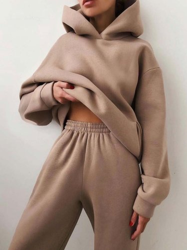 Fashion Casual Hooded Solid Color Two-piece Suit
