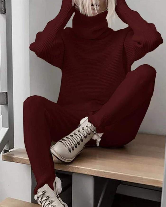 Turtleneck Knitted Two Pieces Pants Suits