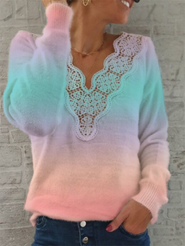 V-neck gradual change lace pullover sweater top