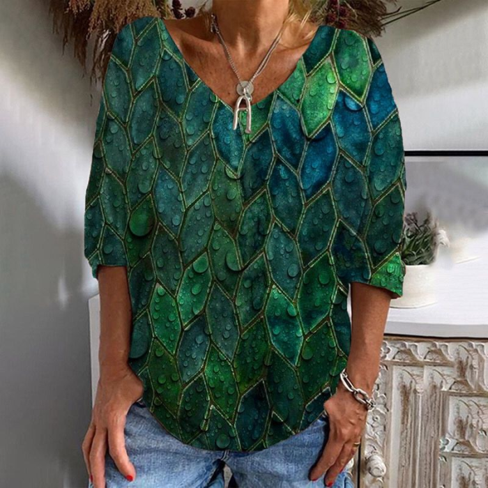 Casual V Neck Mid Sleeve Loose Pullover Retro Print Women's T-Shirt