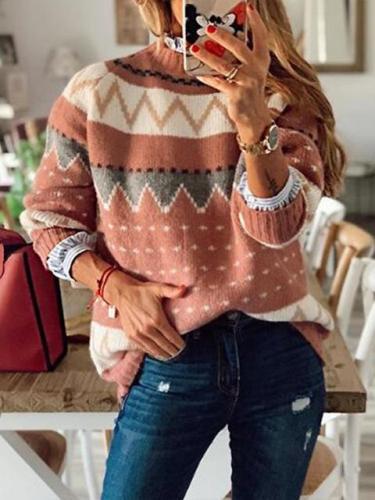 Long Sleeve Round Neck Color Contrast Stitching Sweater