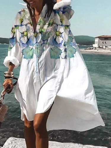Casual Floral Long V-neck Shift Dress