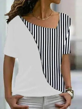 Asymmetrical Neck Striped Color Block Basic Casual Cotton-Blend T-Shirt/Tee