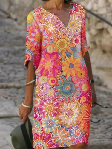 Printed V-Neck Half Sleeves Multicolor Mid-Length Even dress