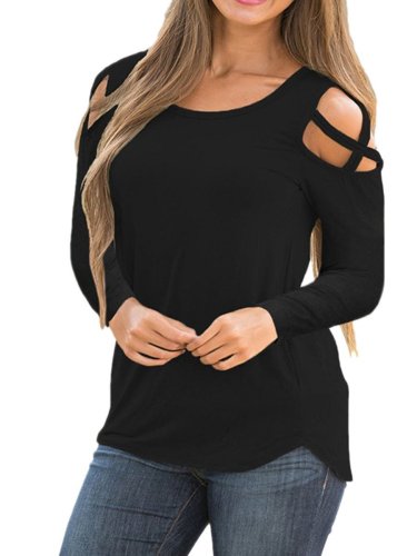 Solid Color Round Neck Strapless Long Sleeve T-Shirt