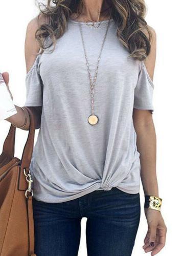 Round Collar Solid Button Off Shoulder Casual Short Sleeve T-Shirt