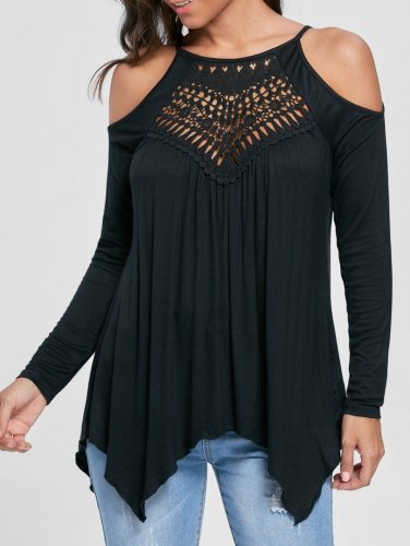 Solid Patchwork Lace Cold Shoulder Long Sleeves Tops