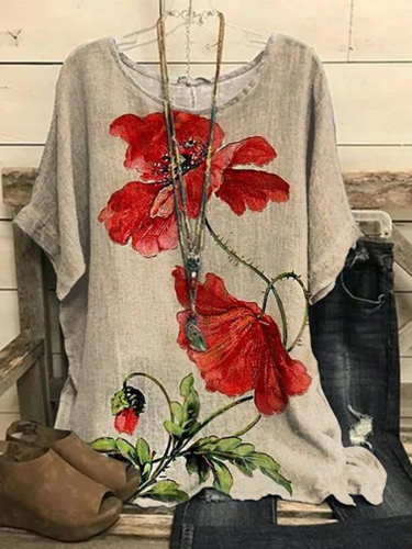 Crew Neck Floral Casual Red Flower Batwing Sleeve Slit Tops