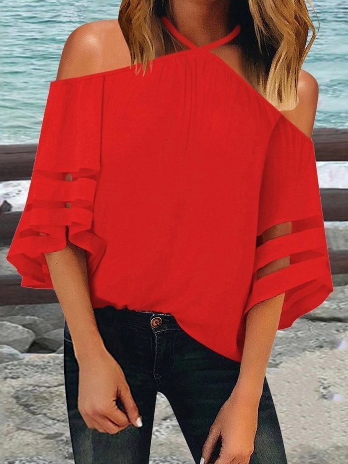 Sexy Halter Strapless Bell Sleeve Stitching Mesh T-Shirts