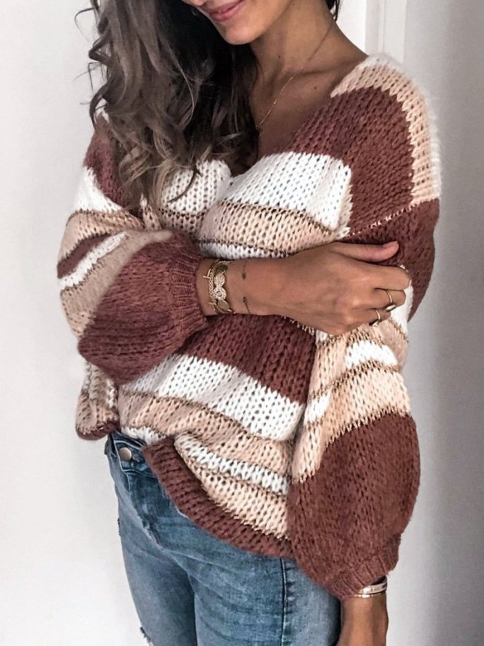 Striped Color Block Printed Long Sleeve V Neck Sweater
