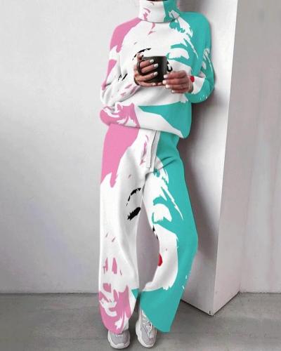Stylish Print Turtleneck Two Piece Suit