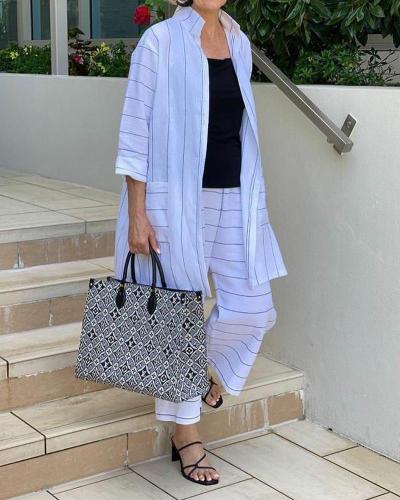 Casual two-piece set with striped shirt and trousers