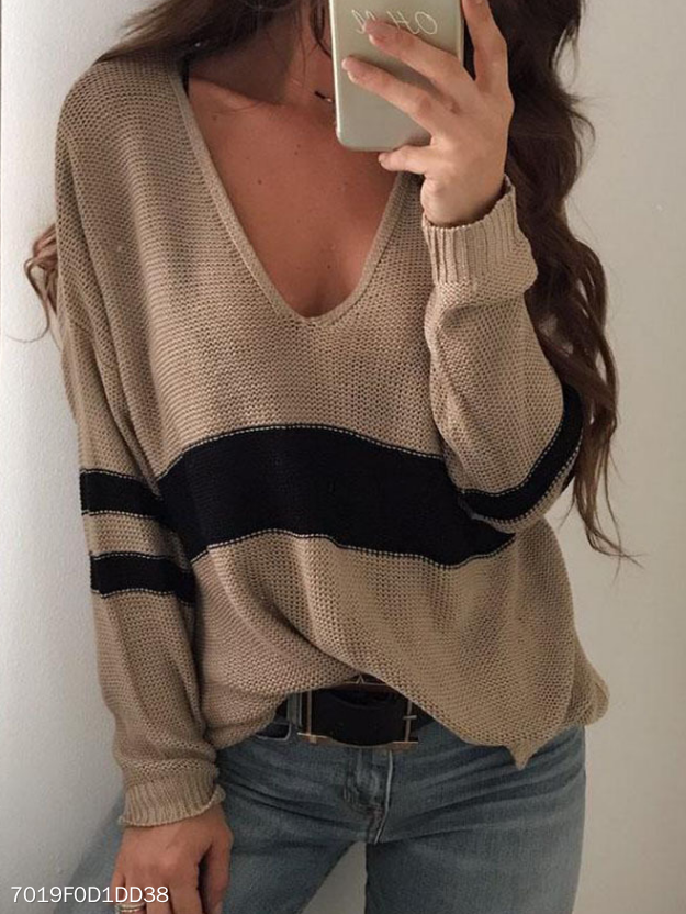 Knit Sweater  V-Neck Stripe Sweater