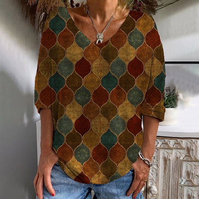 Casual V Neck Mid Sleeve Loose Pullover Retro Print Women's T-Shirt