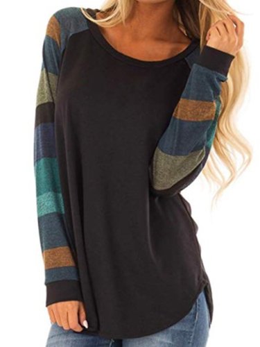 Round Neck  Patchwork  Stripes Long Sleeve T-Shirts