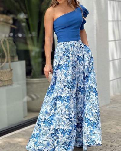 ONE-SHOULDER PUFF-SLEEVE PRINTED TROUSERS TWO-PIECE