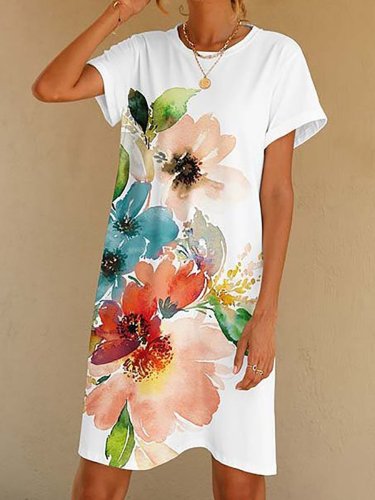 Crew Neck Floral Printed Casual Simple Midi Dresses