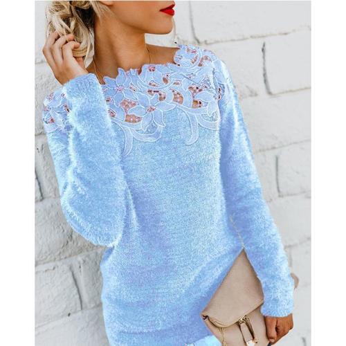 Solid Lace Splice Long Sleeve Plush Sweater