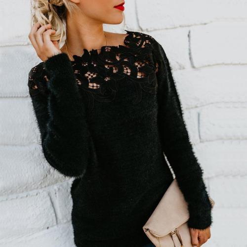 Solid Lace Splice Long Sleeve Plush Sweater