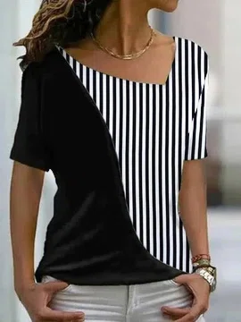 Asymmetrical Neck Striped Color Block Basic Casual Cotton-Blend T-Shirt/Tee