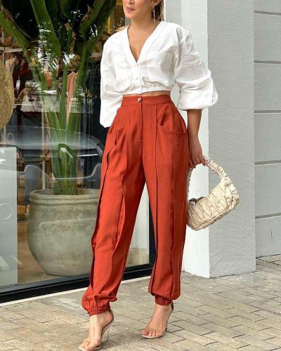 V-Neck Top & Pants Casual Two Piece Set