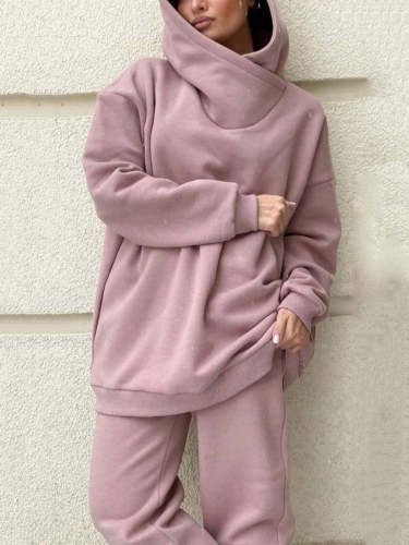 Two-piece suit of solid color casual hoodie and sweatpants